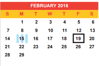 District School Academic Calendar for Itinerant Sp Ed for February 2016