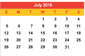 District School Academic Calendar for Even Start Program for July 2015
