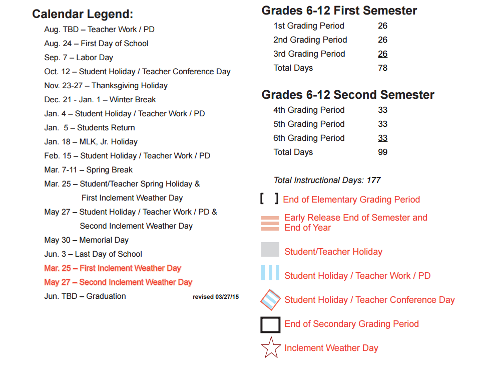 District School Academic Calendar Key for Schimelpfenig Middle