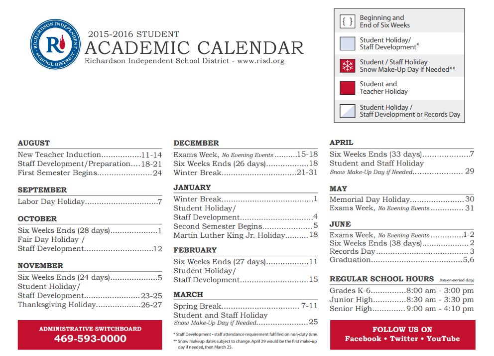 District School Academic Calendar Key for Richardson West Junior High