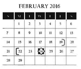 District School Academic Calendar for North Grammar Elementary for February 2016