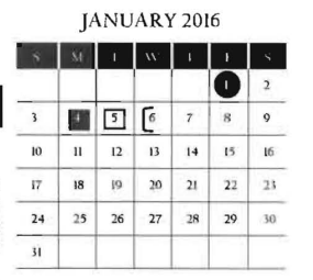 District School Academic Calendar for Grulla Middle School for January 2016