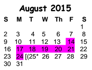 District School Academic Calendar for Success Program East for August 2015