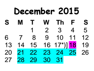 District School Academic Calendar for Round Rock Opport Ctr Daep for December 2015