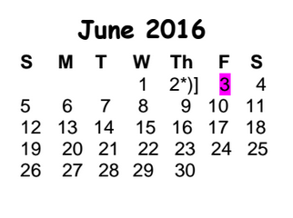 District School Academic Calendar for Williamson Co J J A E P for June 2016