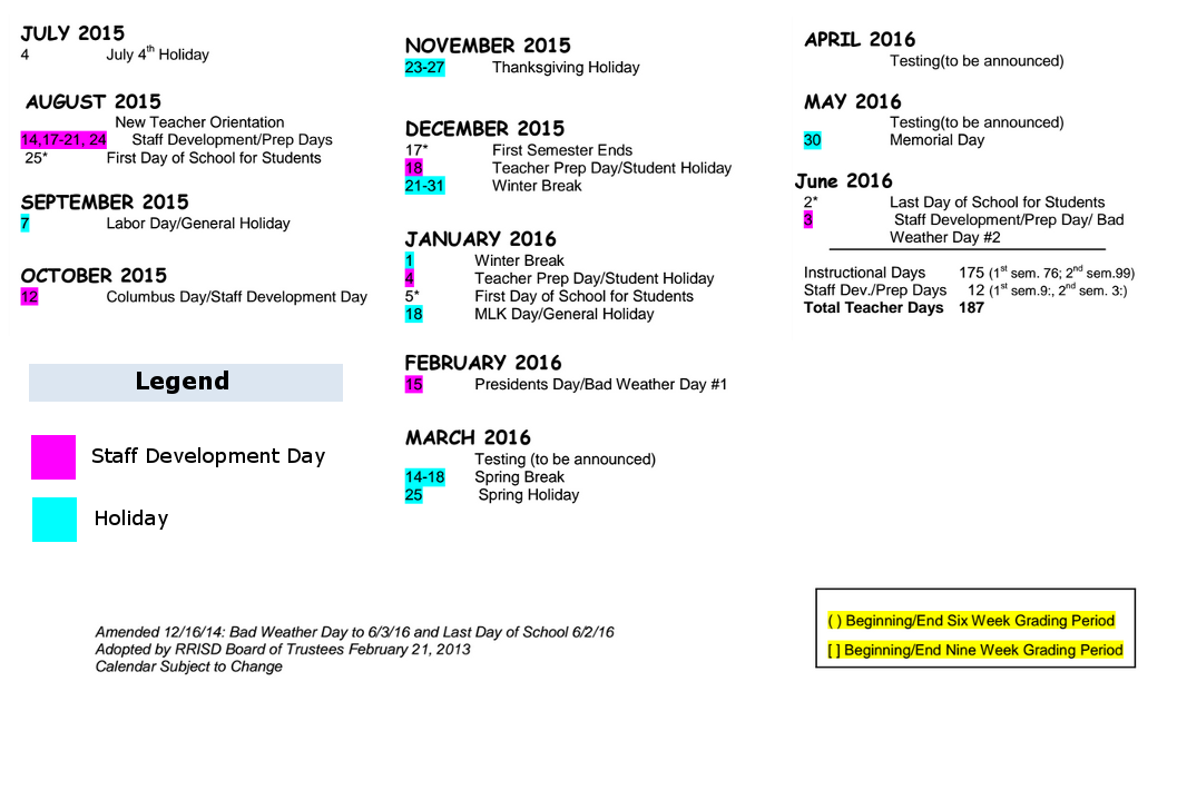 District School Academic Calendar Key for Ridgeview Middle School