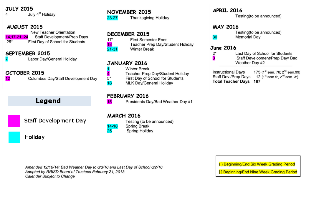 District School Academic Calendar Key for Williamson Co J J A E P