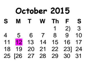 District School Academic Calendar for Williamson Co J J A E P for October 2015