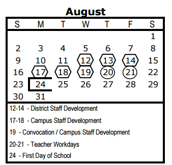 District School Academic Calendar for Wm B Travis Elementary for August 2015