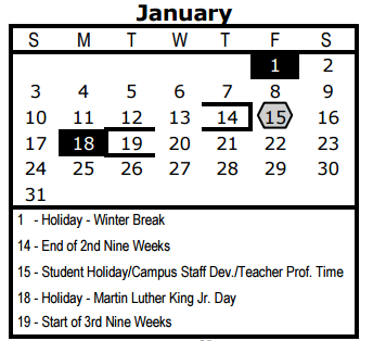 District School Academic Calendar for Estrada Achievement Ctr for January 2016