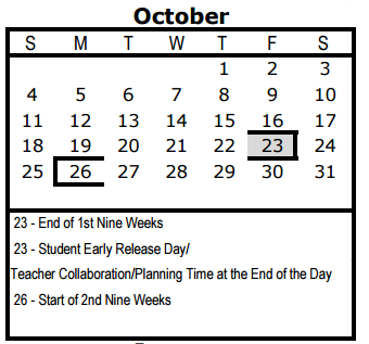 District School Academic Calendar for Wm B Travis Elementary for October 2015