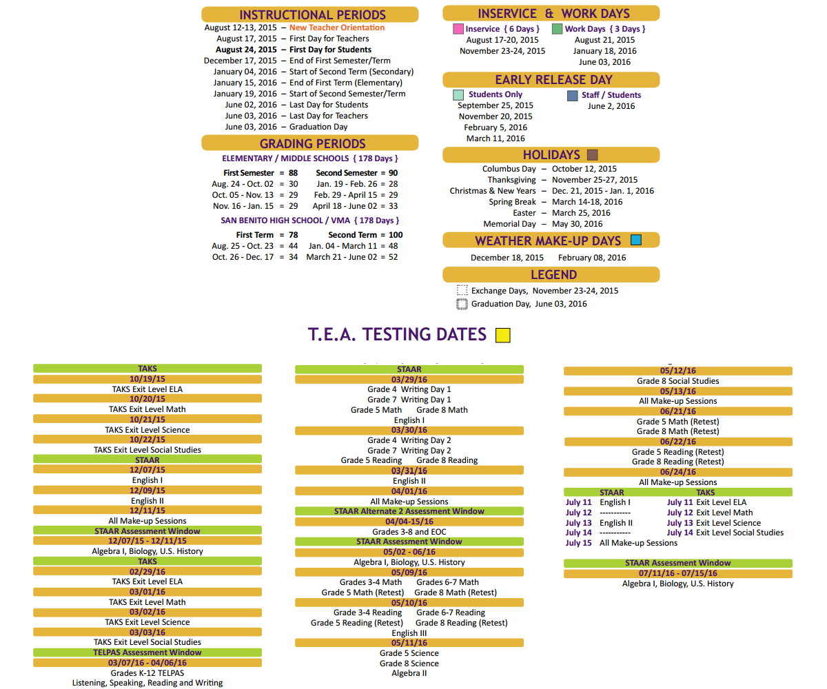 District School Academic Calendar Key for Cameron Co J J A E P