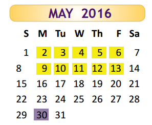District School Academic Calendar for Hester Juvenile Detent for May 2016
