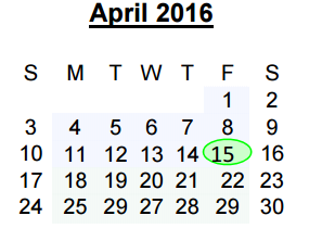 District School Academic Calendar for Juvenile Detention Center for April 2016