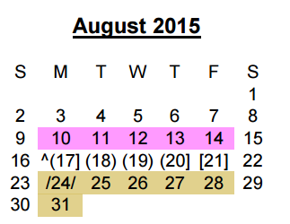 District School Academic Calendar for Juvenile Detention Center for August 2015