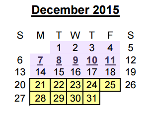 District School Academic Calendar for Juvenile Detention Center for December 2015