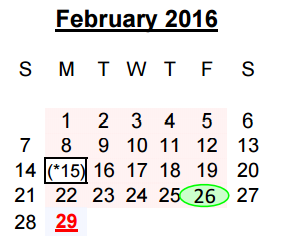 District School Academic Calendar for Juvenile Detention Center for February 2016