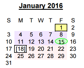 District School Academic Calendar for Juvenile Detention Center for January 2016