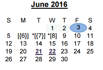 District School Academic Calendar for Juvenile Detention Center for June 2016