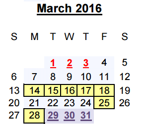 District School Academic Calendar for Juvenile Detention Center for March 2016