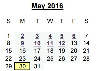 District School Academic Calendar for Juvenile Detention Center for May 2016