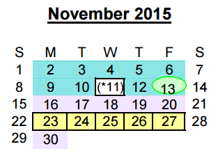 District School Academic Calendar for Juvenile Detention Center for November 2015