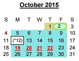 District School Academic Calendar for Juvenile Detention Center for October 2015