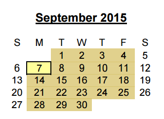 District School Academic Calendar for Juvenile Detention Center for September 2015