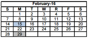 District School Academic Calendar for Miller Middle School for February 2016