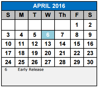 District School Academic Calendar for Schlather Intermediate School
 for April 2016