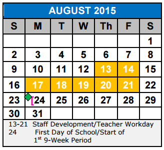 District School Academic Calendar for Byron P Steele II HS for August 2015