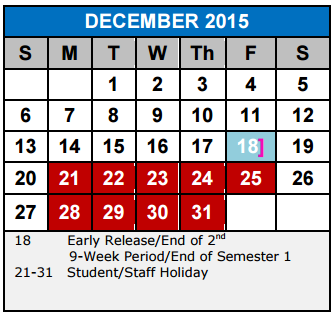 District School Academic Calendar for Cibolo Valley Elementary School
 for December 2015