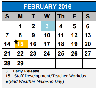 District School Academic Calendar for Schlather Intermediate School
 for February 2016