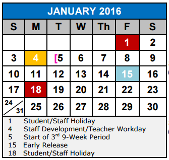 District School Academic Calendar for Wiederstein Elementary School for January 2016