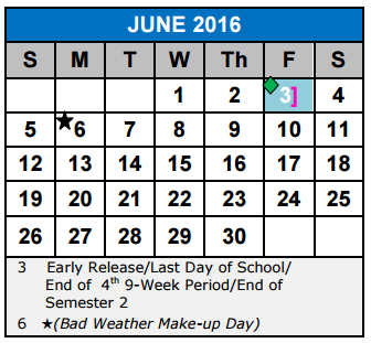 District School Academic Calendar for Norma J Paschal Elementary School for June 2016