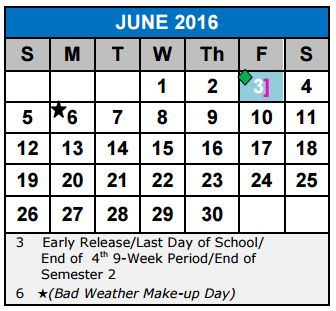 District School Academic Calendar for Schlather Intermediate School
 for June 2016