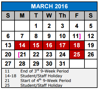 District School Academic Calendar for Jjaep Instructional for March 2016