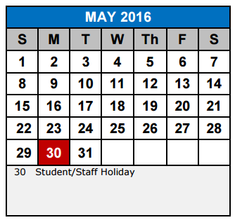 District School Academic Calendar for Schlather Intermediate School
 for May 2016