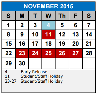 District School Academic Calendar for Jjaep Instructional for November 2015