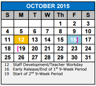 District School Academic Calendar for Schertz Elementary School for October 2015