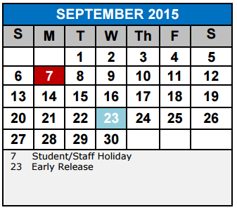 District School Academic Calendar for Schlather Intermediate School
 for September 2015