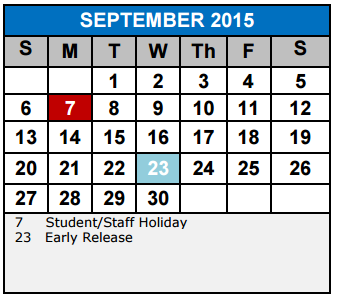 District School Academic Calendar for Allison  Steele Enhanced Learning for September 2015