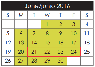 District School Academic Calendar for H D Hilley Elementary for June 2016