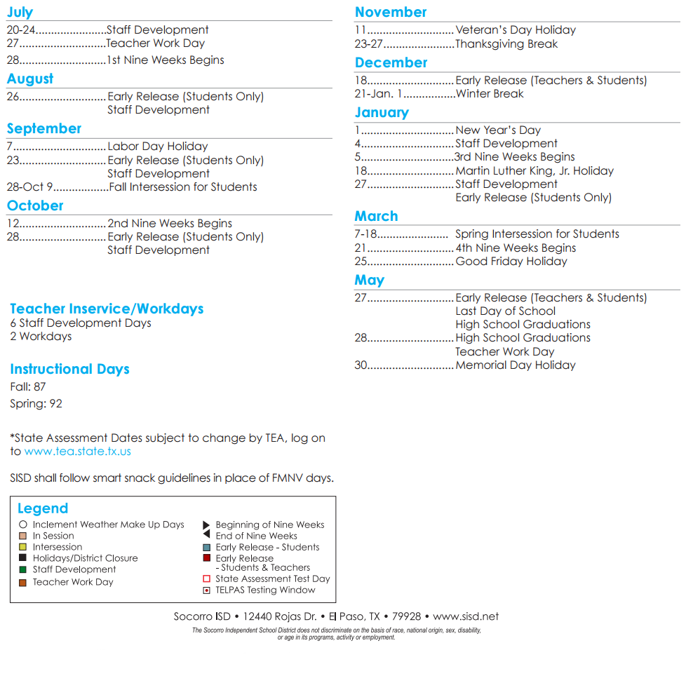 District School Academic Calendar Key for Capt Walter E Clarke Middle