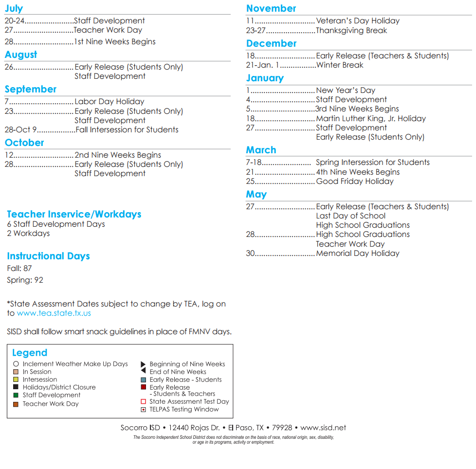 District School Academic Calendar Key for Americas High School