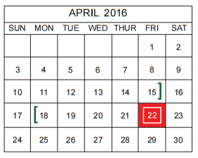 District School Academic Calendar for Bexar Co J J A E P for April 2016