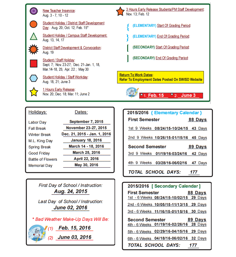 District School Academic Calendar Key for Big Country Elementary