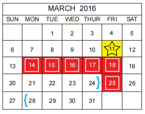 District School Academic Calendar for Bexar Co J J A E P for March 2016