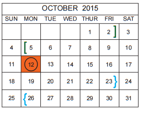 District School Academic Calendar for Bexar Co J J A E P for October 2015