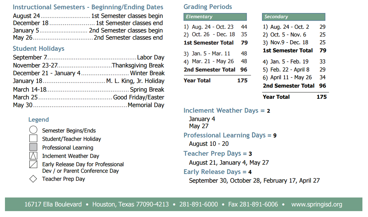 District School Academic Calendar Key for Spring High School